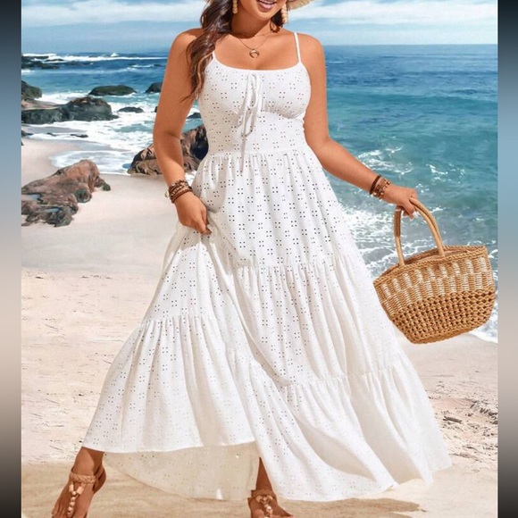 Boho Sheer Mesh Eyelet Lace Maxi Dress White - Picture 2 of 6